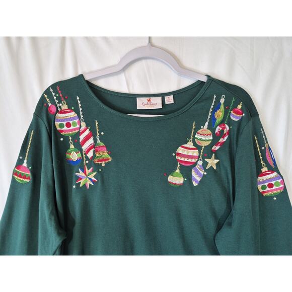 Quacker Factory Womens Emerald Green Holiday Christmas Embroidered Sweater XL - Picture 3 of 8